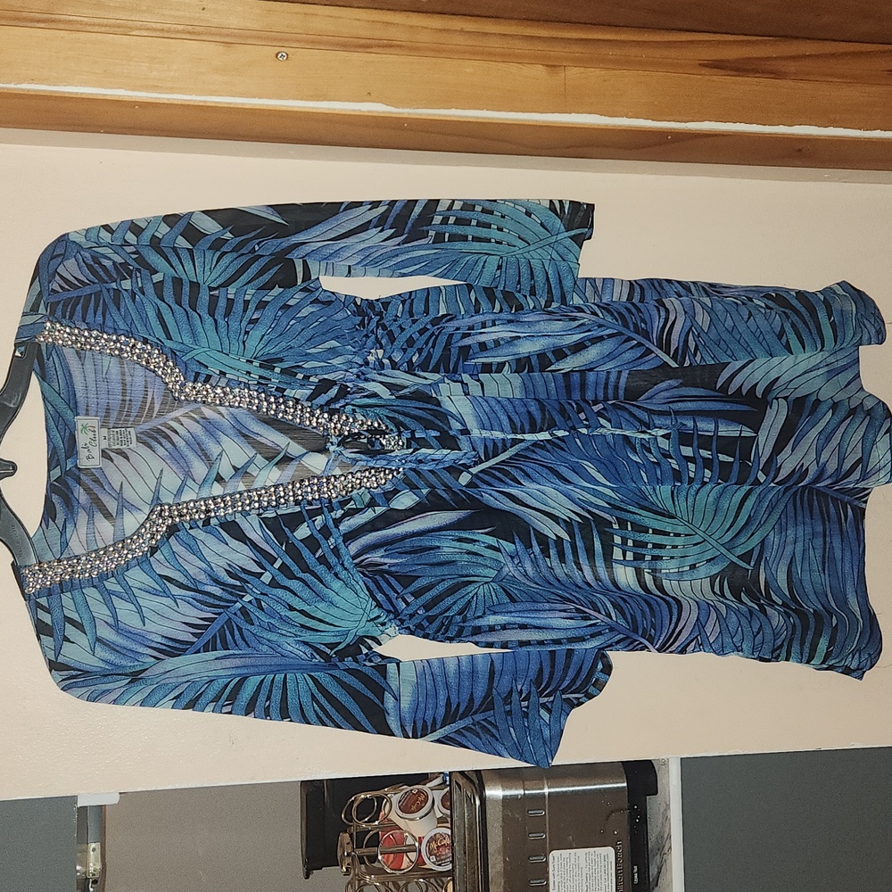 Bali Club Blue Sheer Palm Leaves Swimsuit Cover Up Rhinestone Tie Collar Size M
